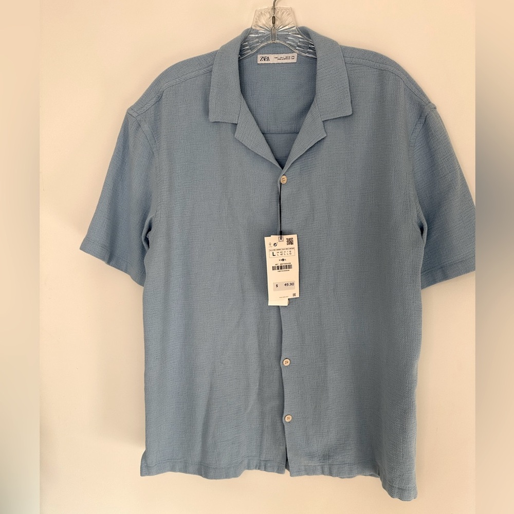 ZARA Men’s Light Blue Textured Cotton Button Up | Sz M